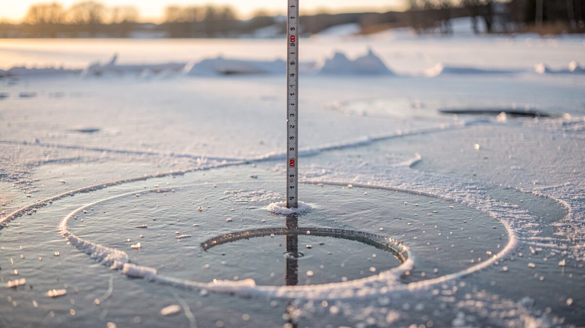 Een bevroren meer in winteravondlicht, met een meetlat die in het ijs geplaatst is en ronde sneden in het oppervlak, van dichtbij gefotografeerd.