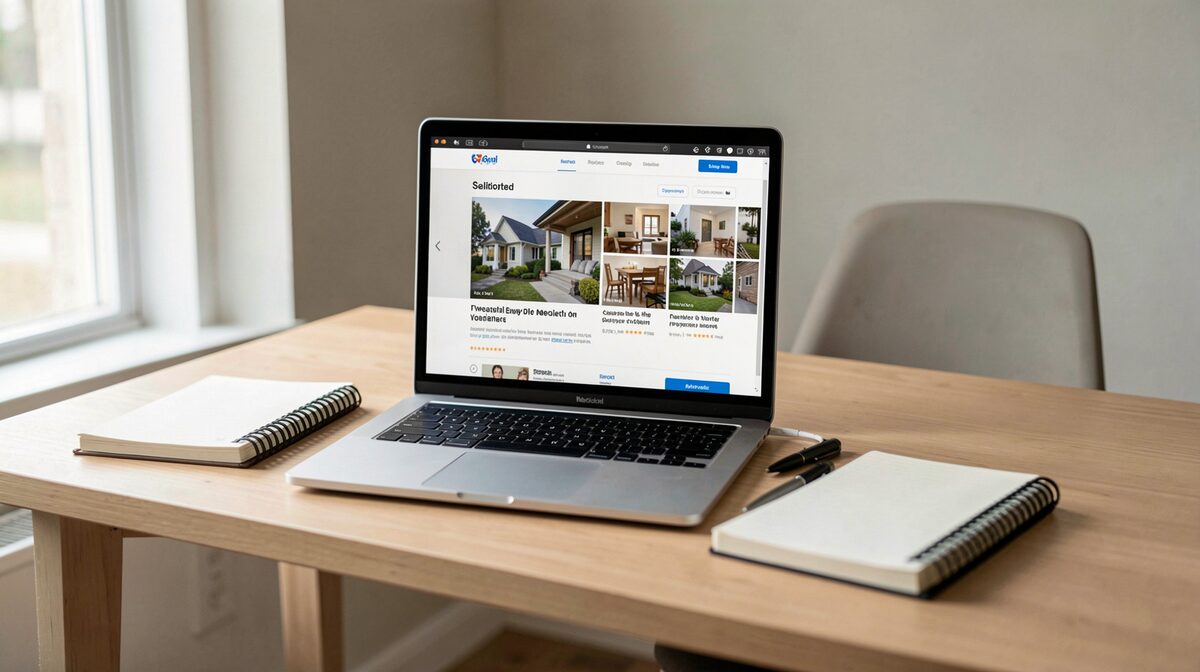 Een gewoon bureau met een geopende laptop waarop een woningadvertentie te zien is, daarnaast een notitieboek en pen, daglicht van links, neutrale framing op tafelhoogte