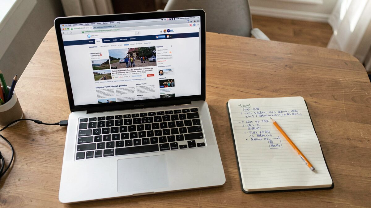 Een bureau met een open notebook waarop een gearchiveerde webpagina te zien is, naast een notitieblok met potloodaantekeningen, daglicht van opzij, strak van boven gefotografeerd.