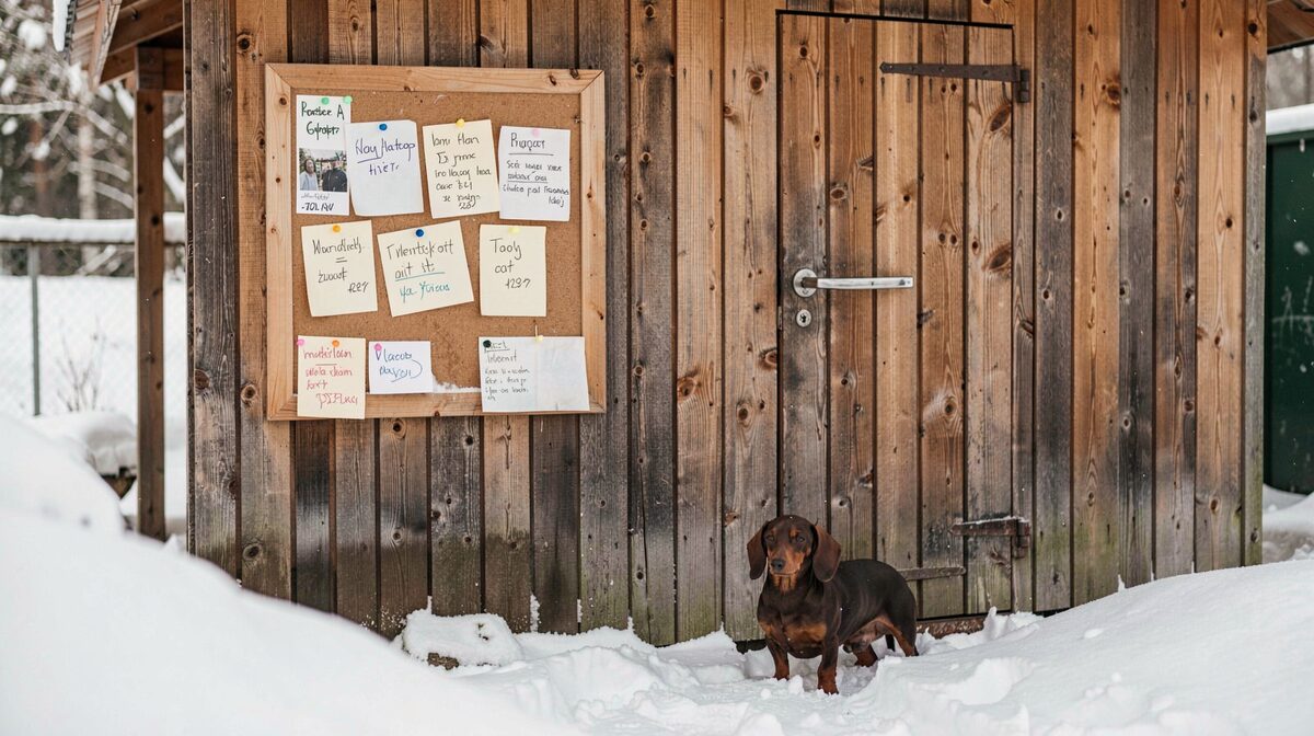 Een houten kenneldeur in Zweeds winterlicht, met een prikbord waarop gedateerde berichten hangen en een dwergteckel ernaast in de sneeuw.