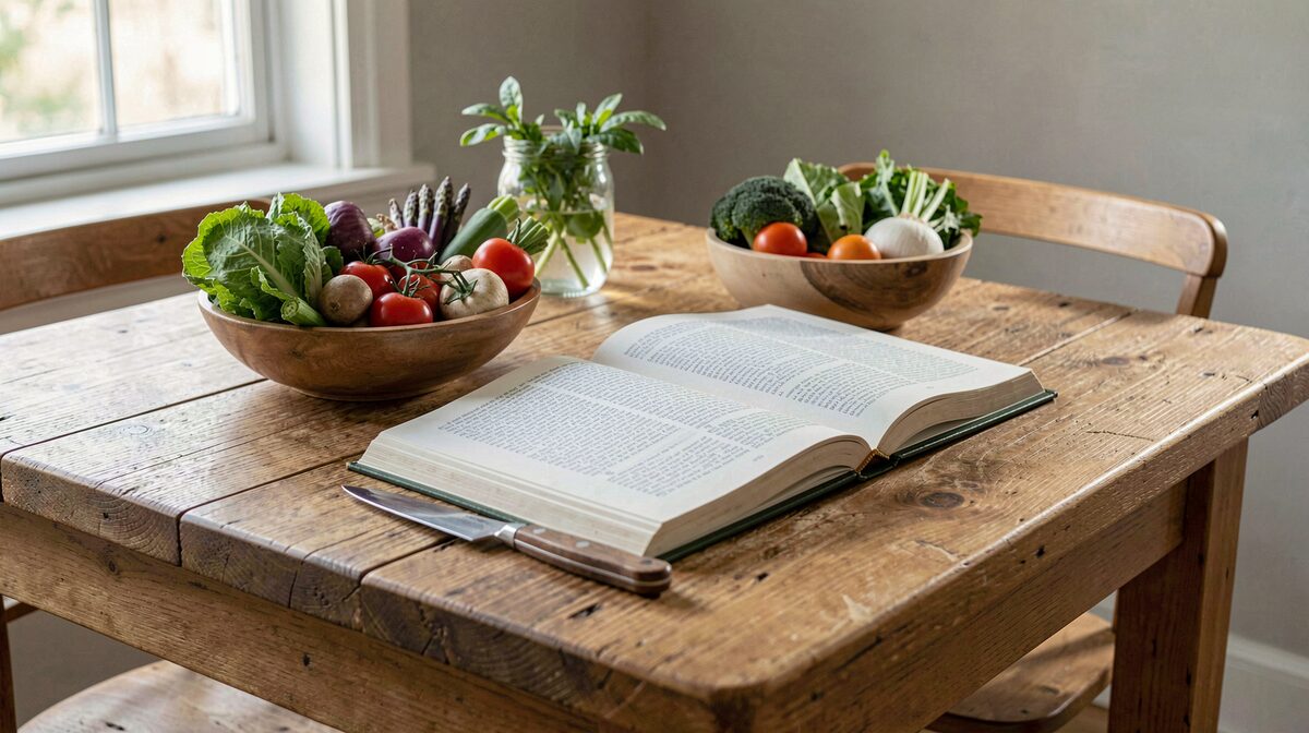 Een eiken keukentafel met een open kookboek, een schaal met verse seizoensgroenten en een mes, ochtendlicht door een zijraam, neutrale close-up