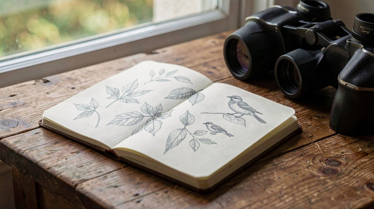 Een open notitieboekje met potloodschetsen van bladeren en vogels op een houten tafel bij een raam, met zacht daglicht en een verrekijker ernaast.