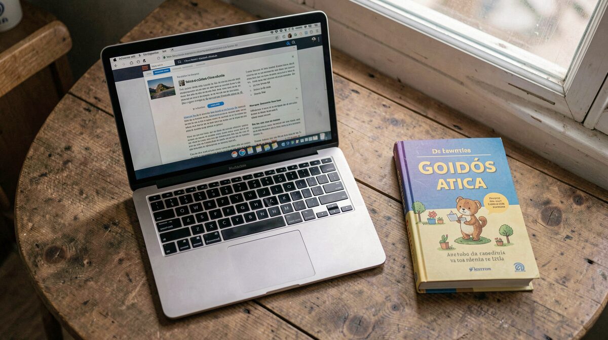 Een leesbare laptop op een houten tafel bij een raam, met een Spaans taalboek ernaast, zacht ochtendlicht, strak van boven gefotografeerd.