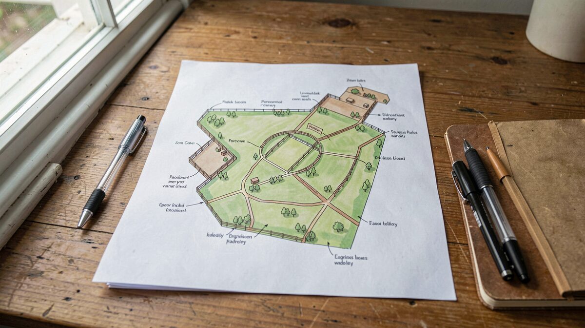 Een papieren weitjeskaart op een houten bureautableau, met pennen en een notitieboek ernaast, daglicht vanaf een zijraam, shot van boven.
