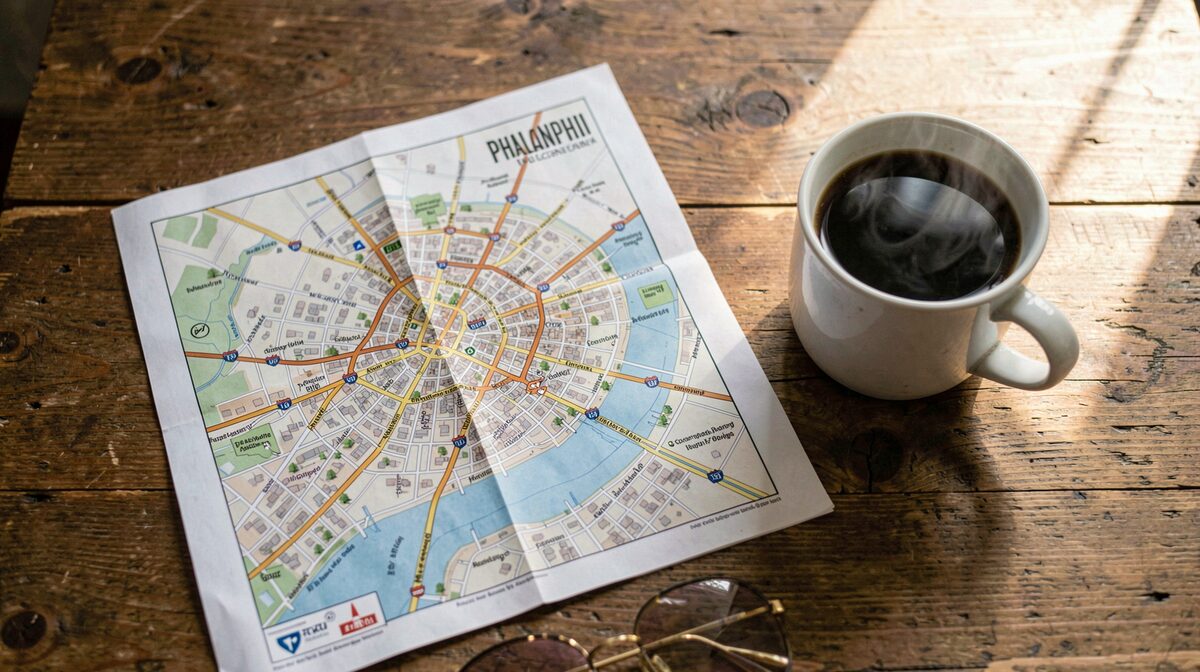 Een gids met een plattegrond van Philadelphia op een houten tafel naast een kop koffie, daglicht van opzij, van boven gefotografeerd.
