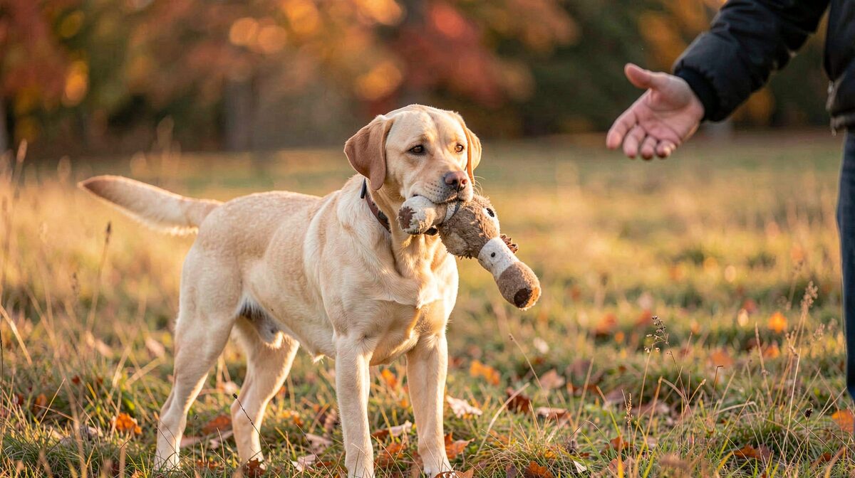 Een labrador in een herfstveld staat stil in laag ochtendlicht, apporteerstok in de muil, recht voor een geleider die de hand uitstrekt.