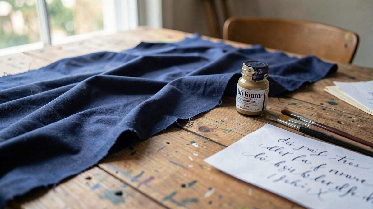 Een houten werktafel bij daglicht met een gespannen donkerblauwe lap stof, een fles stofverf, fijne penselen en een oefenbriefje met kalligrafie in de franje van het beeld.